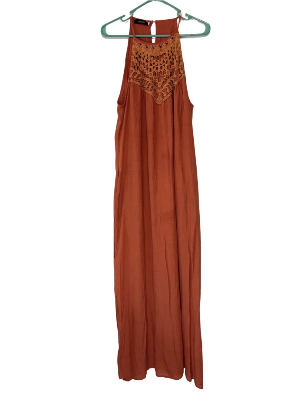 Faroro Crochet Yoke Maxi Dress in Rust